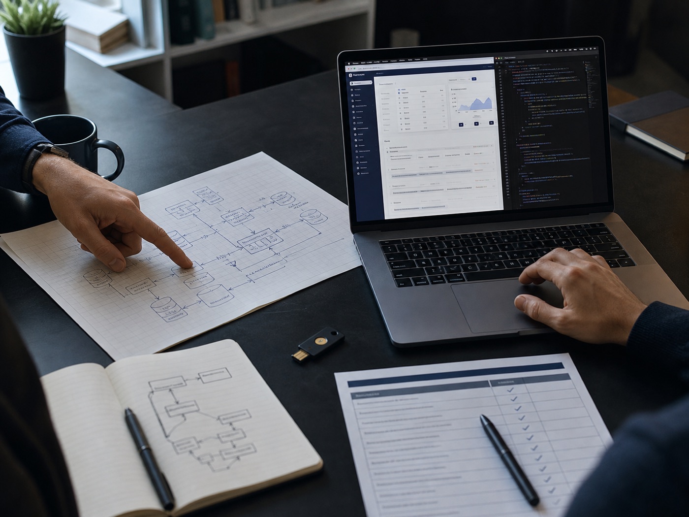 Technology specialists reviewing a system architecture plan, working application, security checklist, and handover documentation