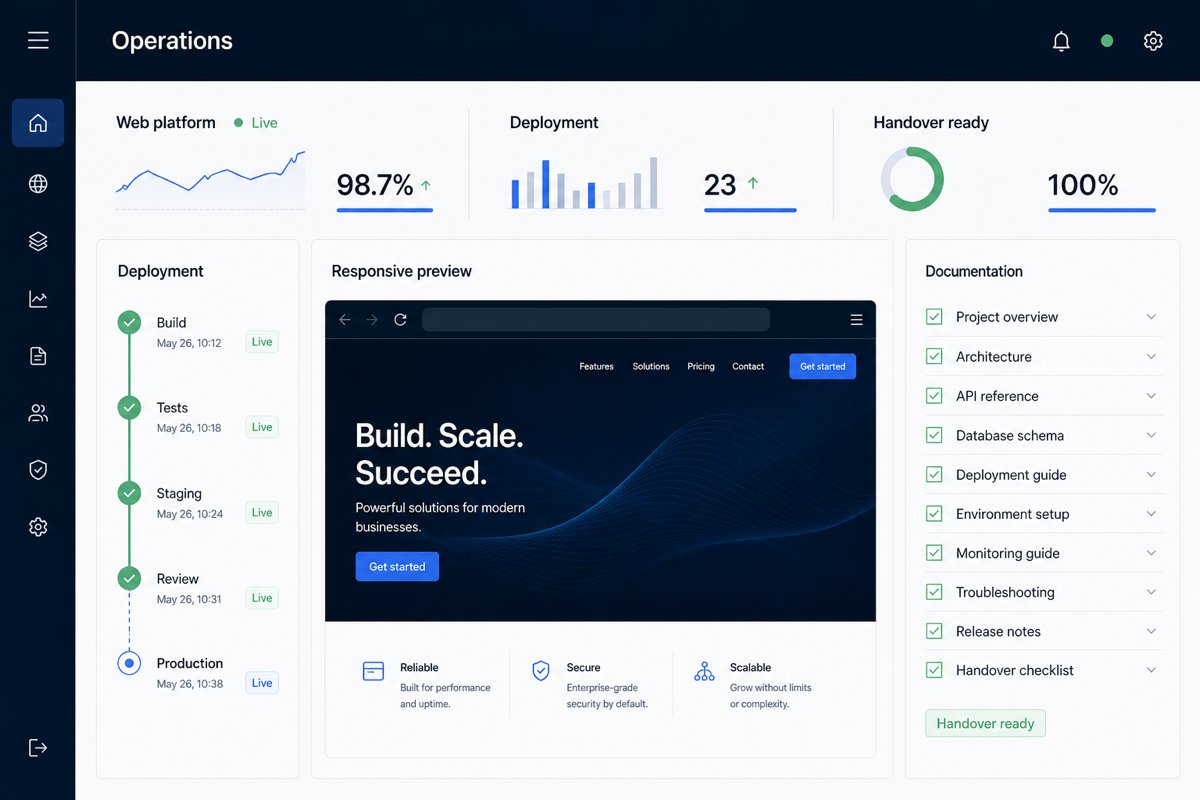 Operations dashboard showing a live web platform, deployment stages, responsive preview, and completed handover documentation